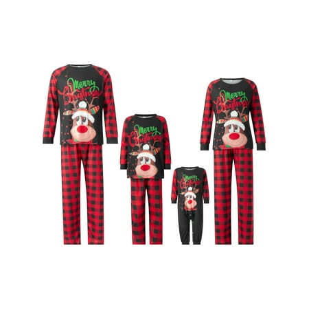 

Matching Family Christmas Pajamas Elk Print Sleeve Tops Plaid Pants Sleepwear Nightwear Pjs