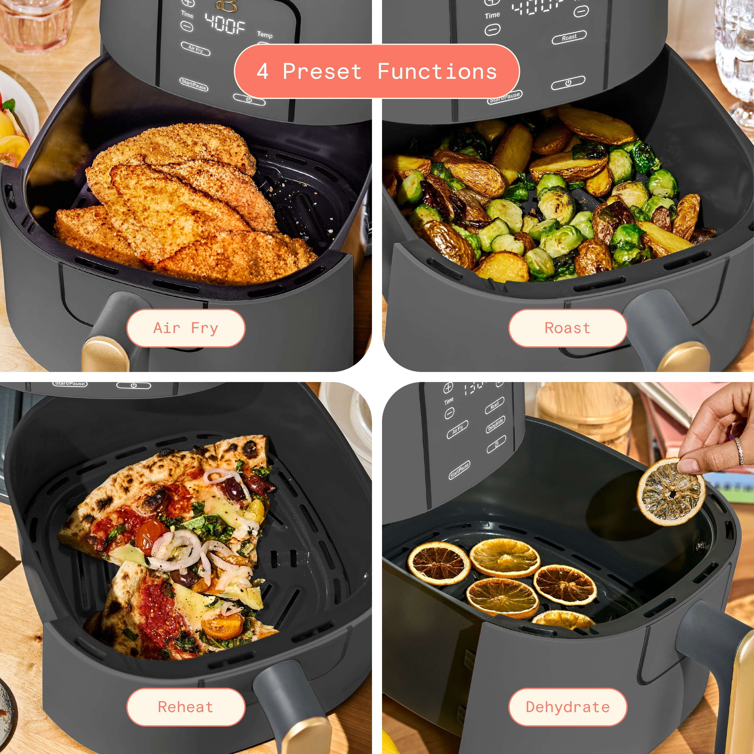 Beautiful 6 Qt Air Fryer with TurboCrisp Technology, EverGood Ceramic Nonstick Coating, Oyster Grey by Drew Barrymore