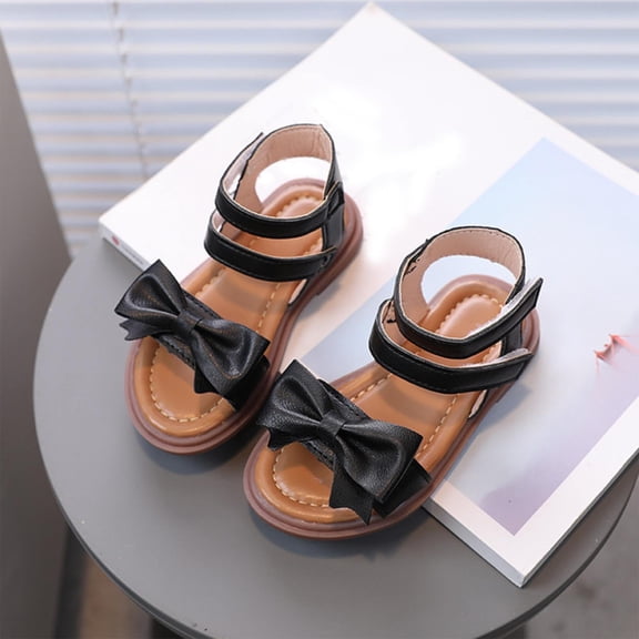 Girls Bow Front Sandals, Double Hook and Loop Summer Shoes, Cushioned Flat Sole Casual Footwear for Park Daily Wear