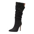 thumbnail image 4 of Pointed Toe Stiletto Heels Women Slouchy Denim Fashion Studded Knee High Boots Sexy Winter Dress Pull on Wide Calf Long Boots, 4 of 4