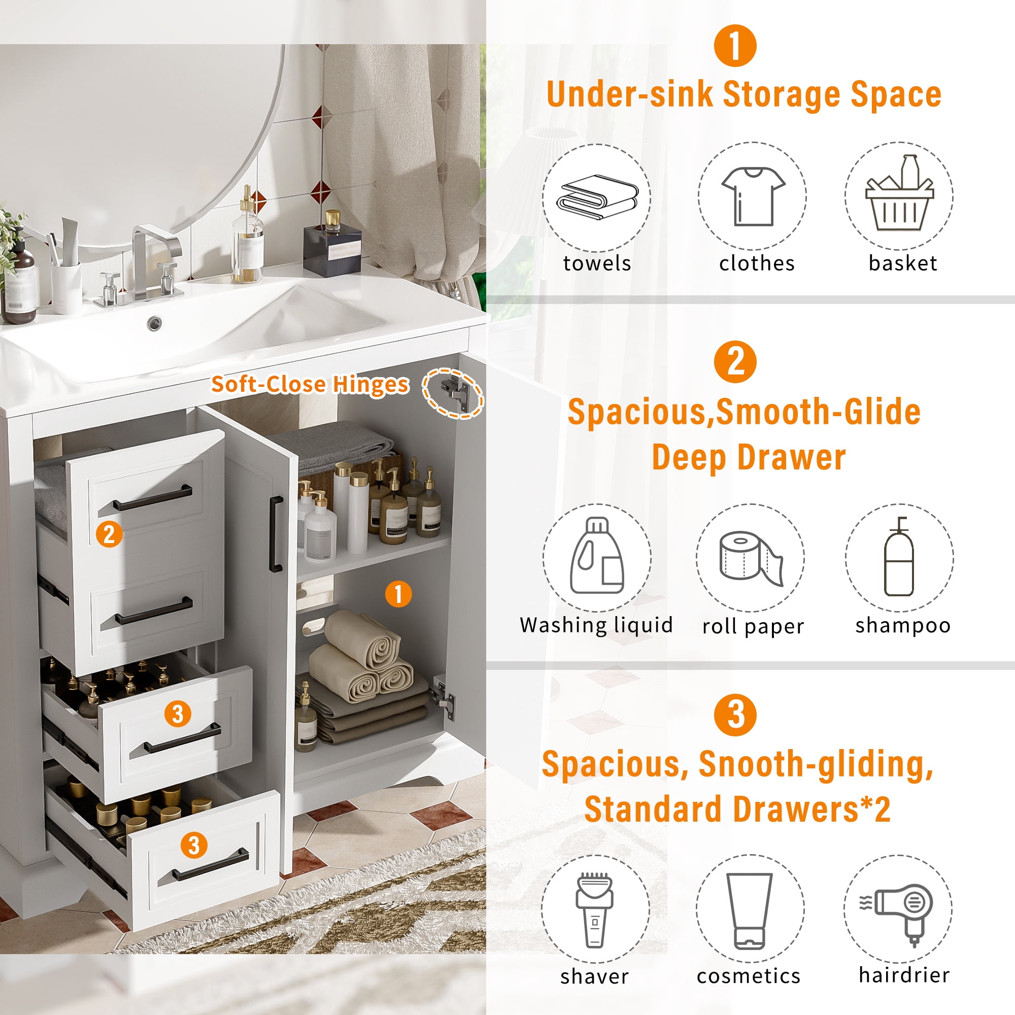 Euroco 36" Modern Bathroom Vanity with Premium Ceramic Sink, Soft-Close Doors, Zinc Alloy Handles, and Ample Storage for Organized Living
