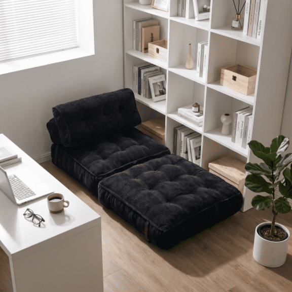 Boneless Folding Sofa Bed Chair, Corduroy Convertible Chair Sleeper Sofa with Back Support and pillow for Living Room, Bedroom, Apartment Black