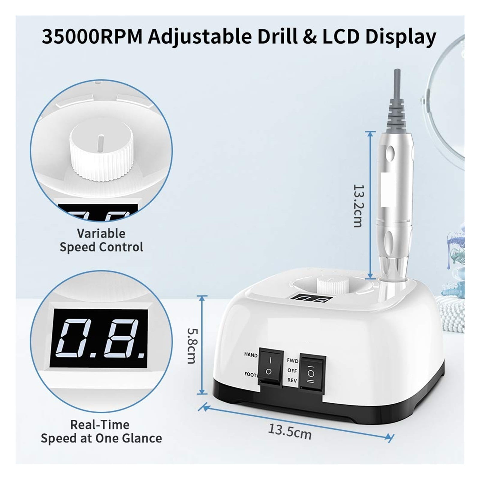 Electric Nail Drill Machine Kit With Foot Pedal For Acrylic Nails, Gel Nail Art Polisher, Professional Nail File Manicure ,Lightweight and Portable