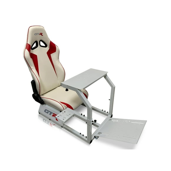GTR Simulator GTA Model Racing Simulator Cockpit Silver Frame wiht White/Red Seat
