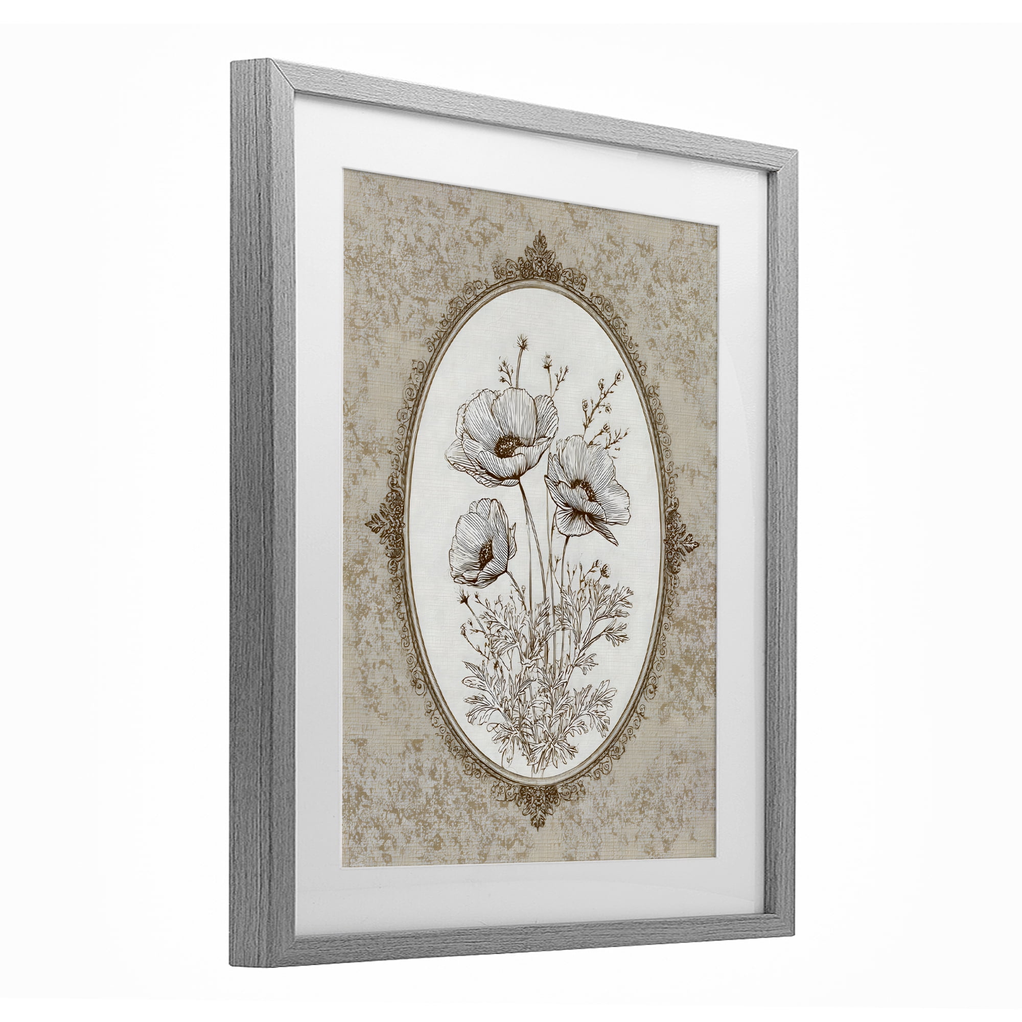 Stupell Industries Vintage Floral Sketch of Poppies Gray Framed Print Under Glass, design by Ink Drop Loft