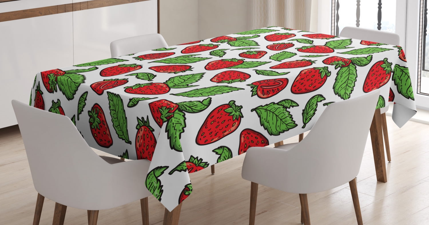 Fruit Tablecloth, Juicy Strawberries with Leaves Yummy Food Organic