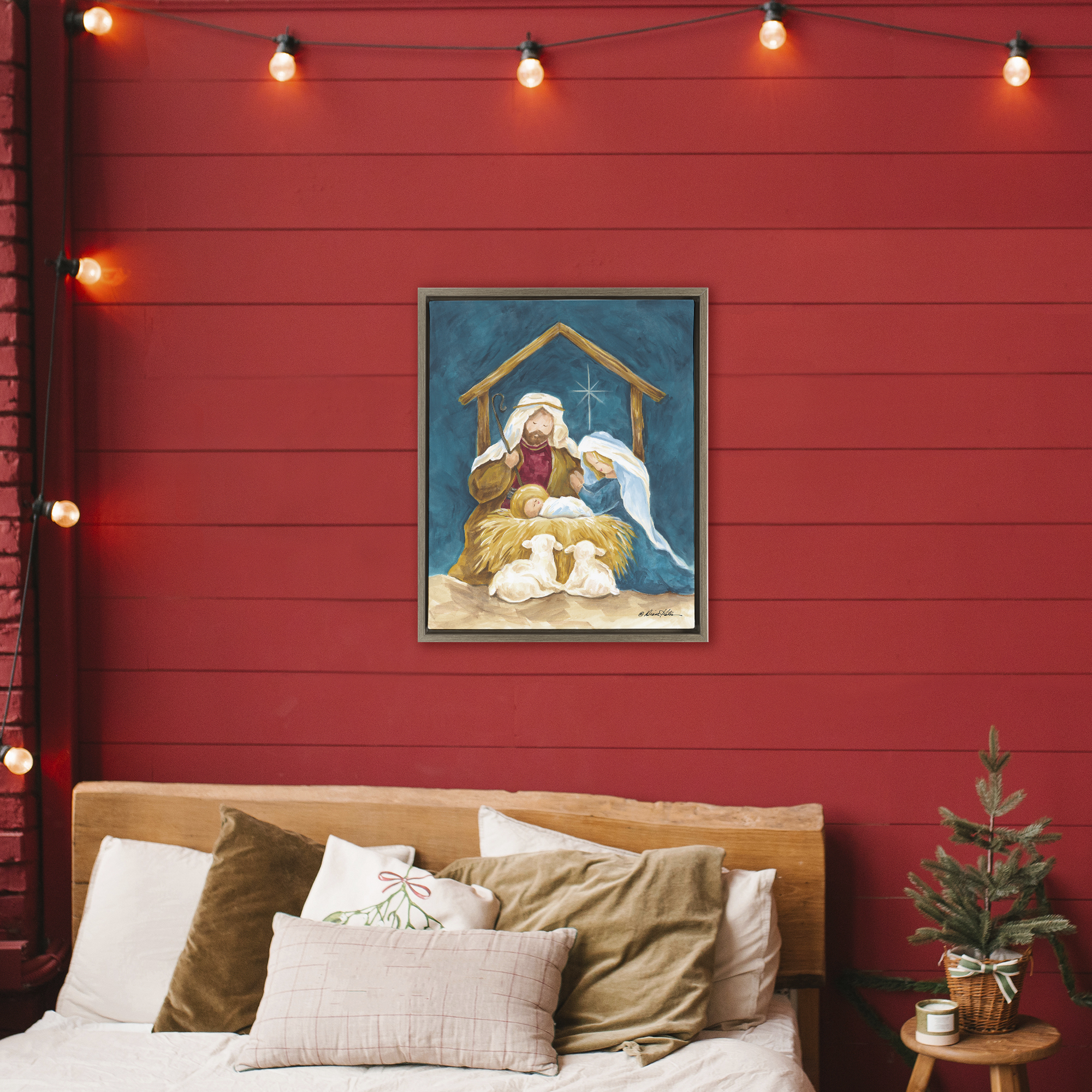 Comforting Nativity Painting Brown Framed Floater Canvas Wall Art, design by Diane Kater
