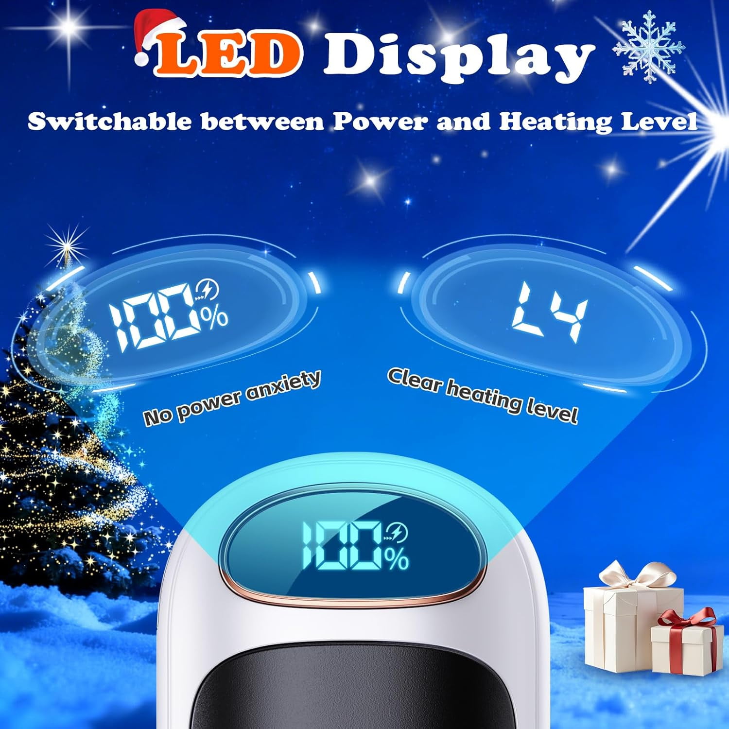 Rechargeable Hand Warmer 2 Pack, LED Display & 4 Levels, Ultrathin Electric Hand Warmers Portable USB Pocket Heater Fits Gloves for Hunting Essentials, Camping, Raynauds, Gifts for Christmas