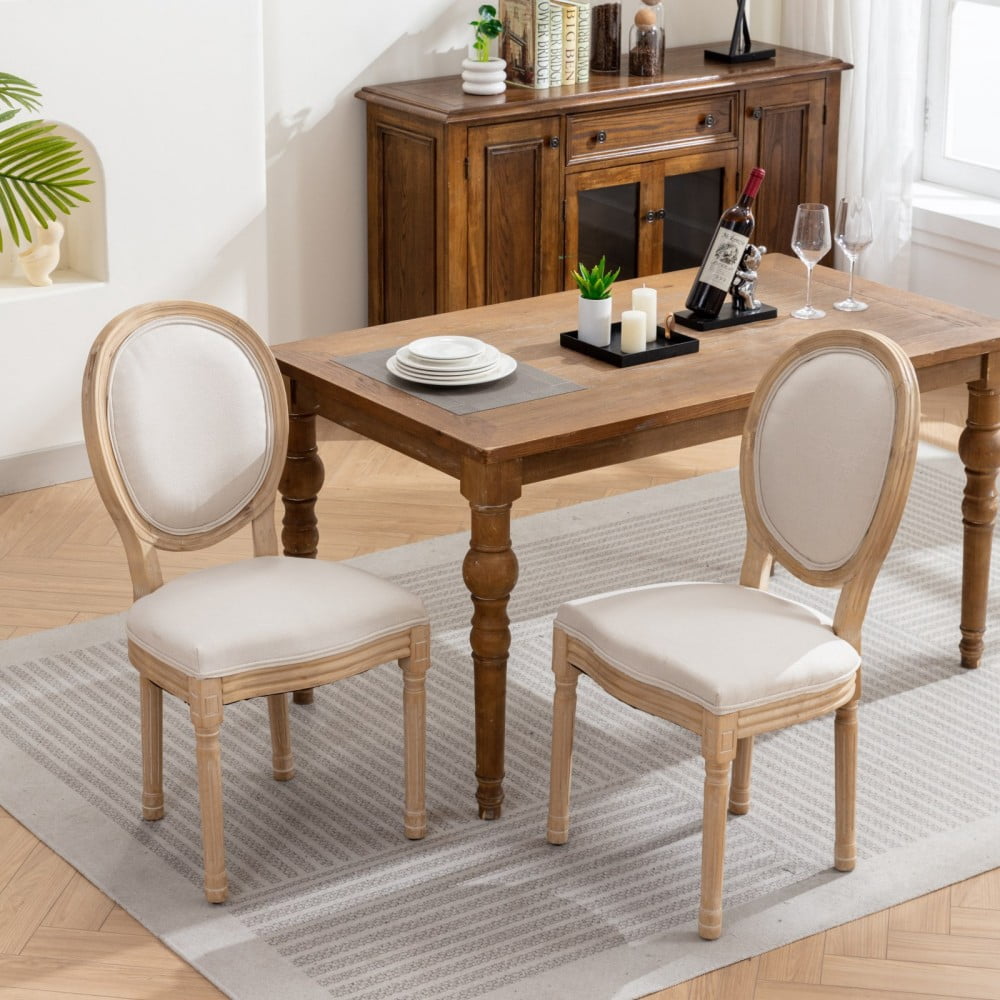 French Style Dining Chairs Set of 2, Solid Wood Upholstered Dining Room Chairs with Linen Fabric, Cushioned Backrest, Antique Finish, Beige
