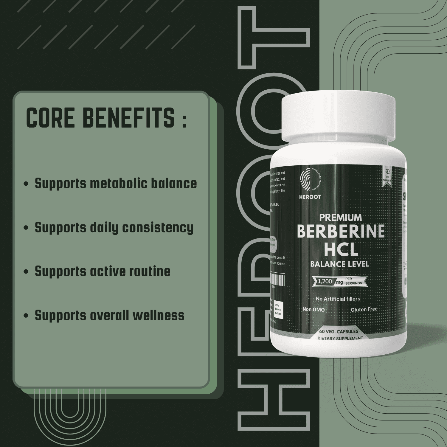 Heroot Berberine HCL 97% High Potency Supplement Capsules, 120 capsules