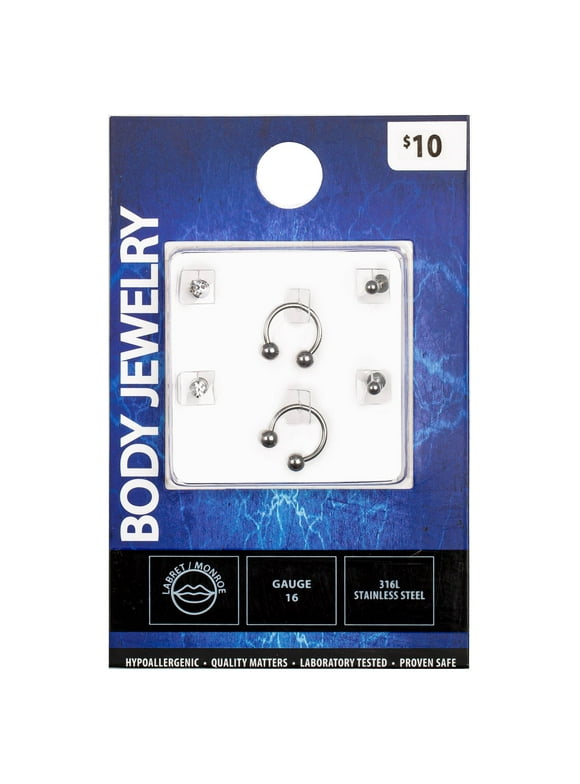 Body Jewelry Sterling Silver 16G Crystal Labret & Monroe Nose Ring, 3 Pack