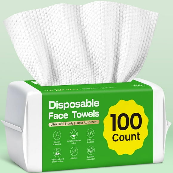 Toallas faciales desechables Elvira (100 unidades), biodegradables, ultrasuaves y gruesas para piel sensible, toallitas desmaquillantes secas, sin pelusa.