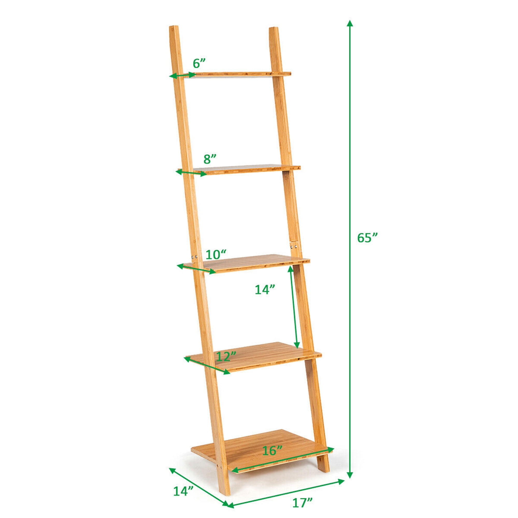 Gymax 5-Tier Ladder Shelf Modern Ladder Bookcase Open Display Bamboo Leaning Bookshelf