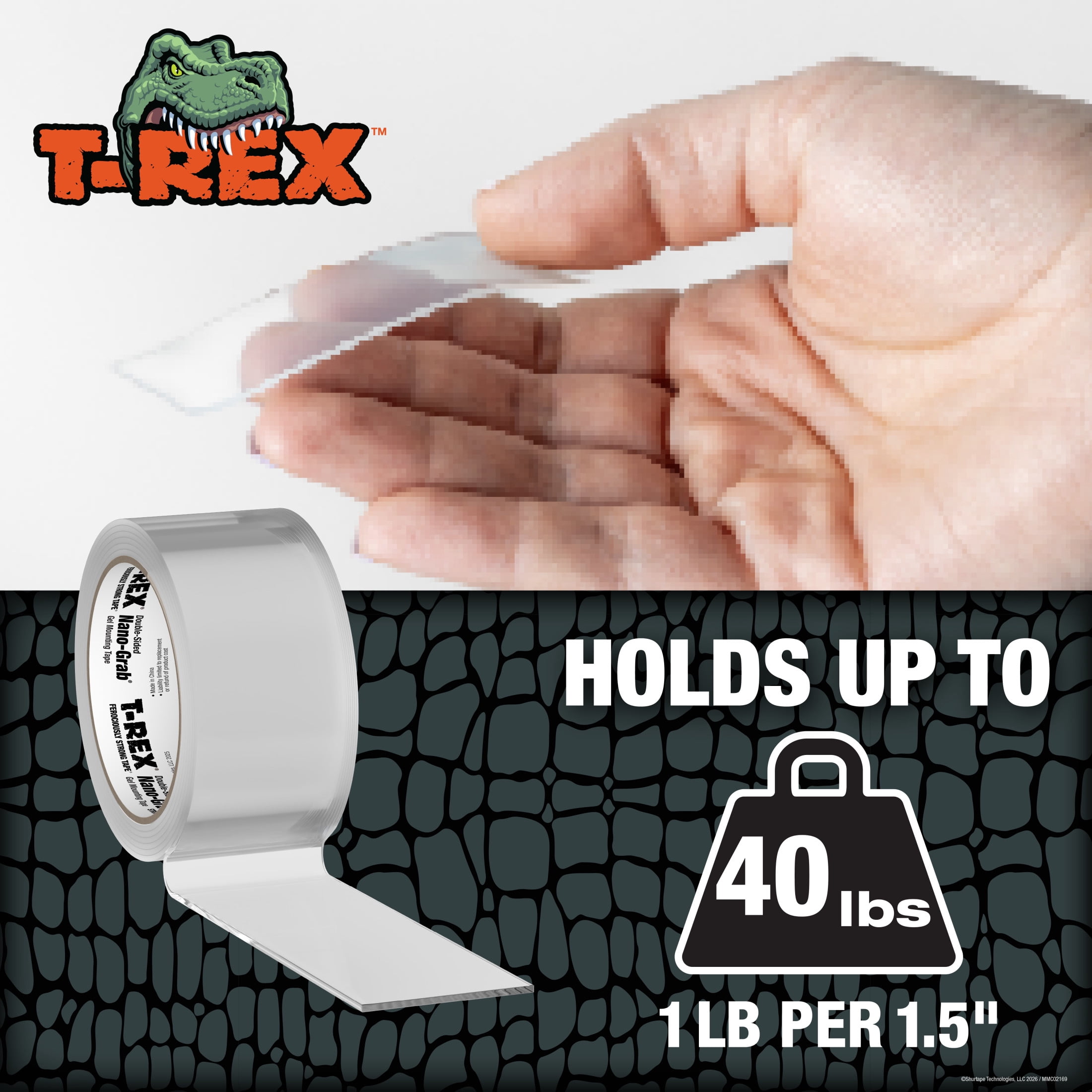 T-Rex Strength Nano-Grab Gel Tape, 1 Pack, 2 in. x 5 ft.