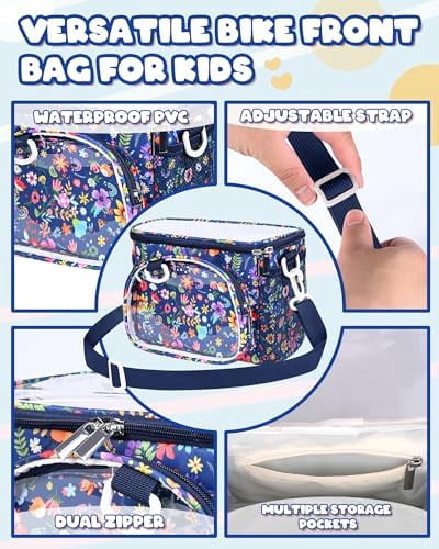 Kids Bike Basket, Front Handlebar Bag for Kids Girls Bikes, Waterproof Small Bike Basket with Zipper for Toddler Scooter Tricycle Bicycle