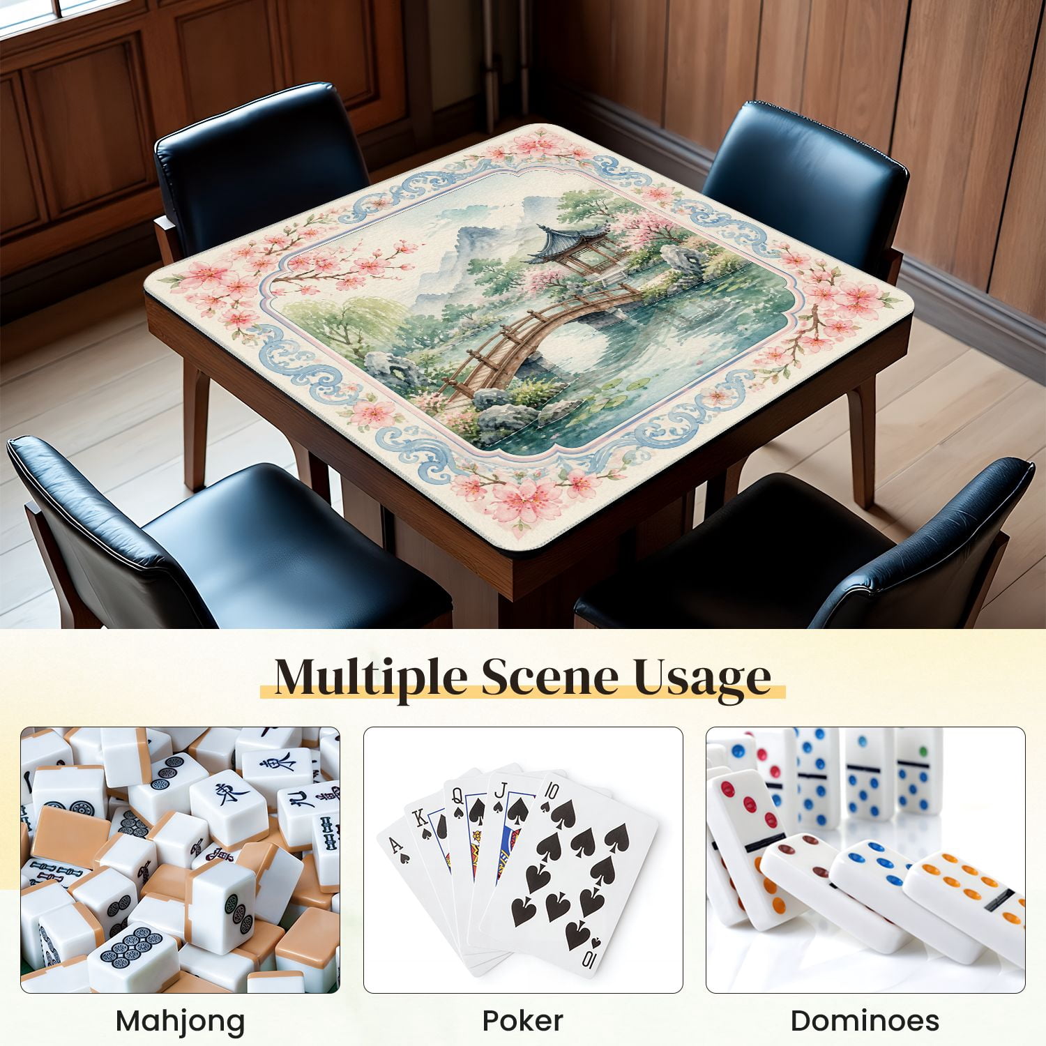 Mahjong Mat 31.5" x 31.5" Serene Japanese Garden Wooden Bridge Pagoda Cherry Blossoms Mountain Non-Slip Noise Reduction Mahjong Tiles Table Cover for Dominoes Poker Card Board and Tile Games