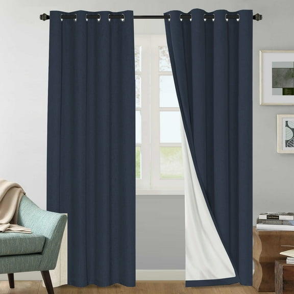 H.VERSAILTEX 100% Black Out Curtains 84 inch Long 2 Panels, Faux Linen Solid Thermal Blackout Curtains for Bedroom (52" x 84", Navy)
