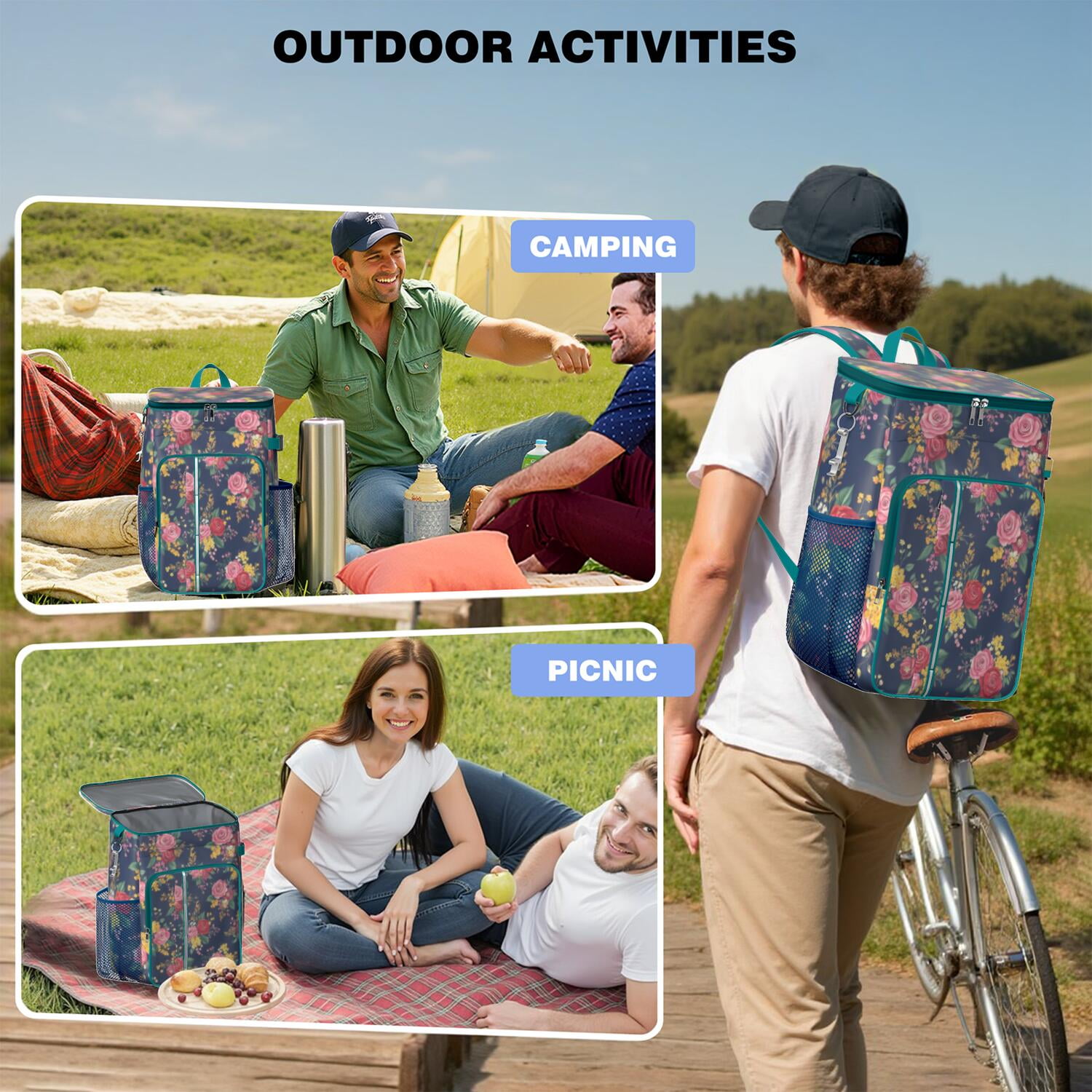 Travel Cooler Bag - Pioneer Flower Floral Print Pattern Camping Beer Cooler Backpack with Bottle Opener- Waterproof Insulated Picnic Backpacks - Cooler Bag for Beach