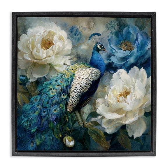 Stupell Industries Cottage Pretty Peony Peacock Black Floating Frame Canvas Art, 18 x 18, by Tina LeCour