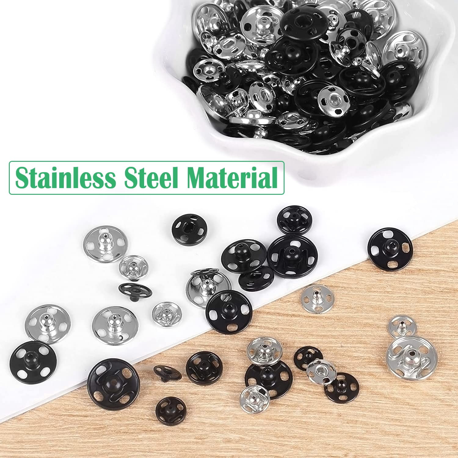 Snap Fasteners,140 Sets Stainless Steel Sew on Snap Press Studs Buttons Snaps Sewing Hook and Eye Fastenings,for Clothes Leather Craft Purse Handbag Sewing Repairs(8.5mm,10mm,12mm,16mm) Silver
