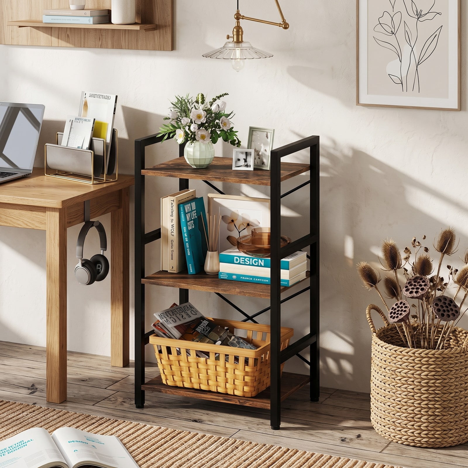 Furnibear 4-Tier Bookshelf with Sturdy Metal Frame, Freestanding Wood Storage Rack Display Shelf Organizer with Anti-Tip Kit for Study Home Office Living, Rustic Brown