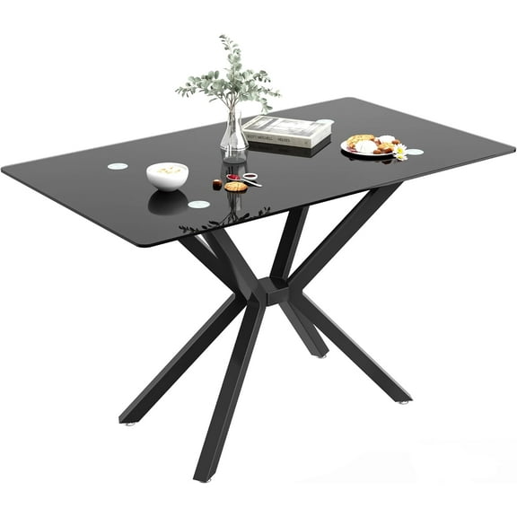 Modern Glass Dining Table with Tempered Glass Tabletop and Metal Pedestal, Clear Glass Kitchen Dining Room Table