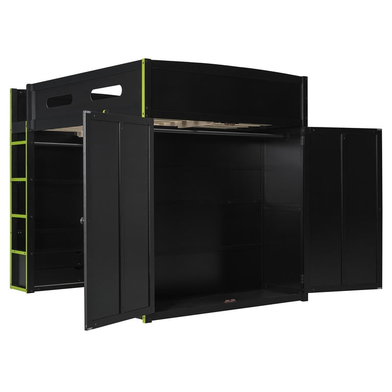 Full Size Wooden Loft Bed with Desk, Wardrobe and Storage Shelves, Gaming Loft Bed Frame with RGB LED Light, USB Charging Port and Built-In Workstation for Bedroom