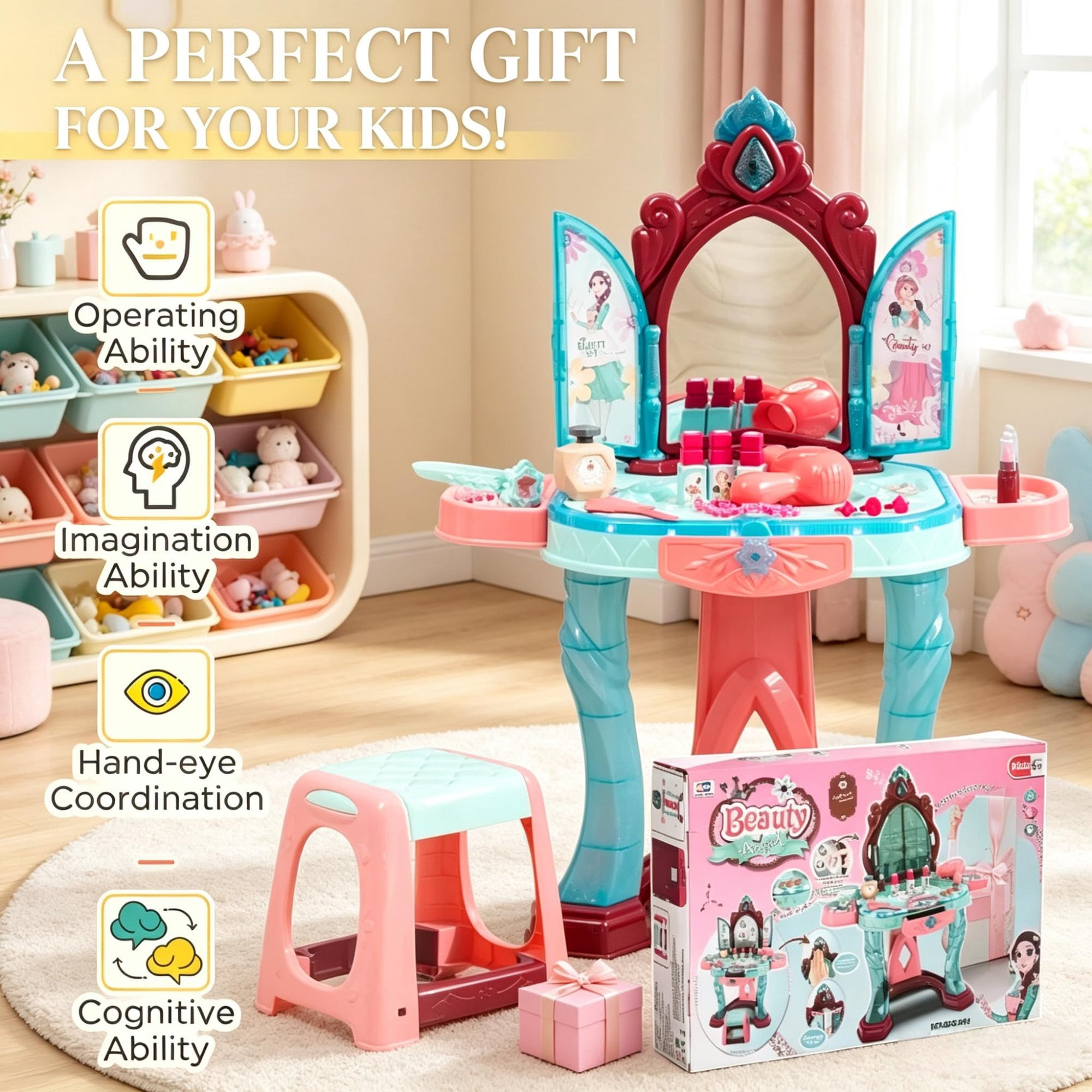 31-Piece Kids Dressing Table with Princess Mirror Lights for Ages 3-6