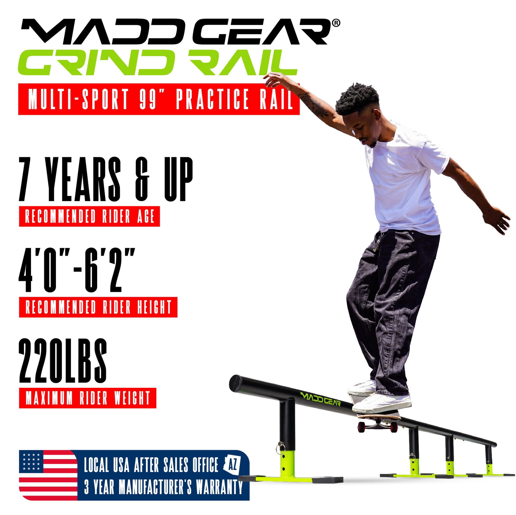 Madd Gear Grind Rail - 99" Long - 3-Step Adjustable Height - Extra Stability Practice Skate Rail