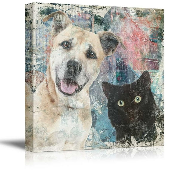 wall26 Square Cat Series Canvas Wall Art - A Dog and A Cat on Grunge Background - Giclee Print Gallery Wrap Modern Home Art Ready to Hang - 16x16 inches