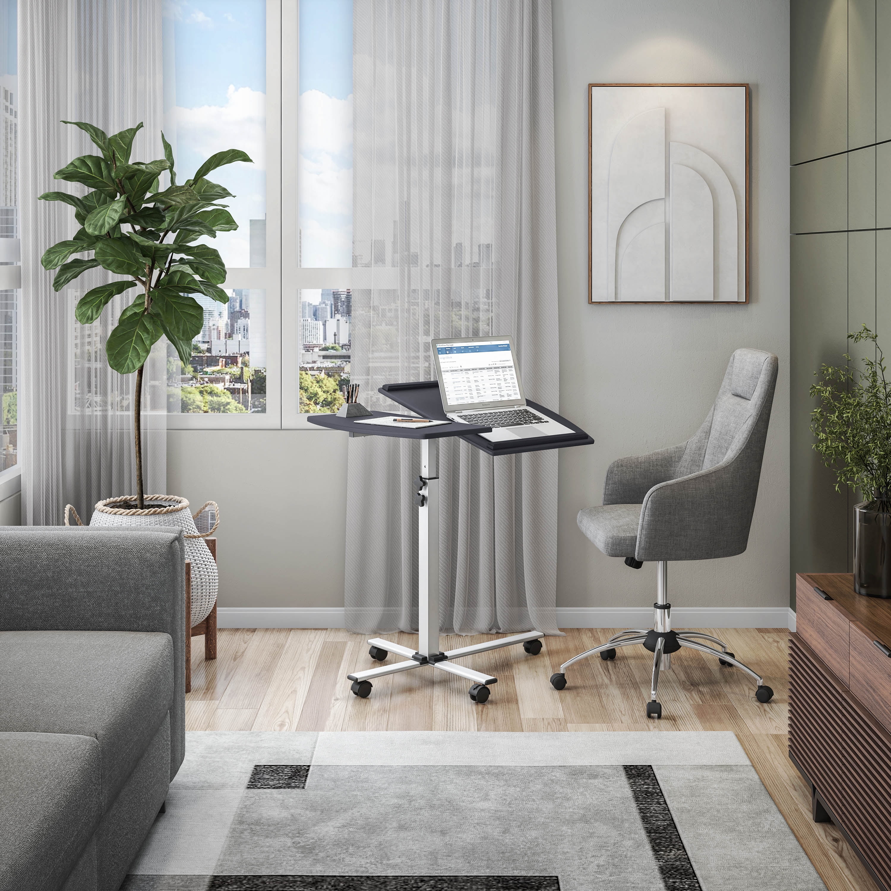 Rolling Adjustable Laptop Cart, Height & Tilt Adjustable Laptop Stand with Locking Casters, Anti-Slip Edge Stoppers, MDF Panel Mobile Workstation