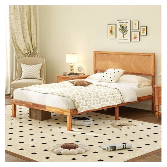 Full Size Bed Frame with Headboard and Storage, Rustic Golden Brown - Acacia Wood Platform Bed, 660lbs Capacity, Under Bed Space for Small Rooms