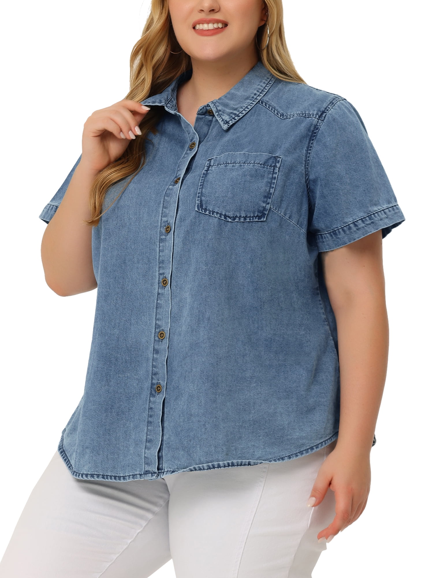 Unique Bargains Women's Plus Size Denim Jean Shirts Short Sleeve Button Down Tops 3X Stone Washed Blue