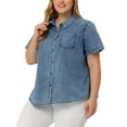 thumbnail image 4 of Agnes Orinda Women's Plus Size Jean Denim Short Sleeve Chest Pocket Button Down Shirts 1X Stone Washed Blue, 4 of 6