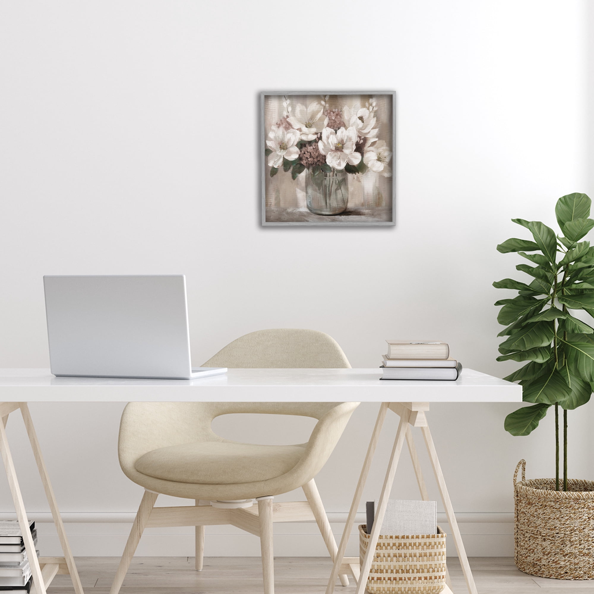 Stupell Industries Ivory Magnolias Vase Gray Framed Giclee Art, design by Nan