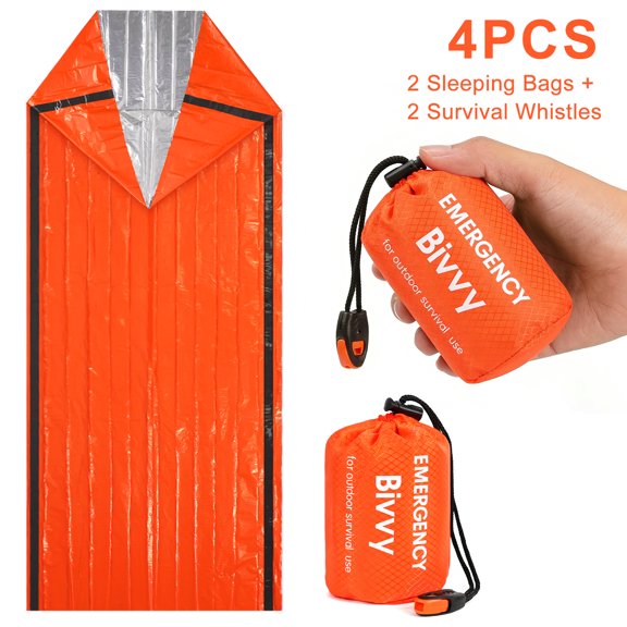 Jiasling 4 Pcs Emergency Sleeping Bag (2 Sleeping Bags   2 Survival Whistles) , Survival Shelter Bag Mylar Thermal Emergency Blanket Orange