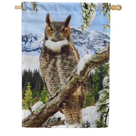 America Forever Winter Owl House Flag Double Sided Vertical Decorative 28 x 40 inches for Outdoor, Yard, Porch Happy Holidays Merry Christmas Snowfall Mountain House Flag