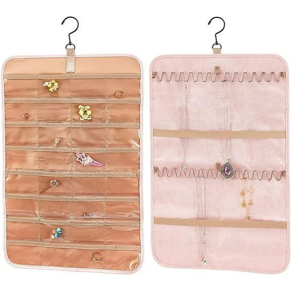 Hanging Jewelry Organizer Double-Sided Jewelry Holder Storage Roll 32 Pockets Accessories Organizer 24 Hooks Necklace Hanger for Earrings Necklaces Bracelet Rings on Closet Wall Door