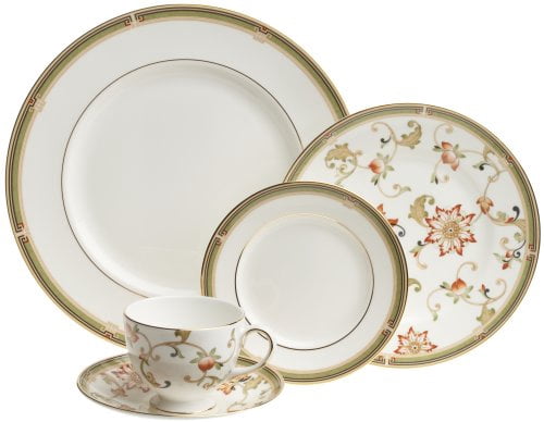 Spode Delamere 5-Piece Place Setting - Brown British Flowers Border Fine Earthenware, Dishwasher & Microwave Safe