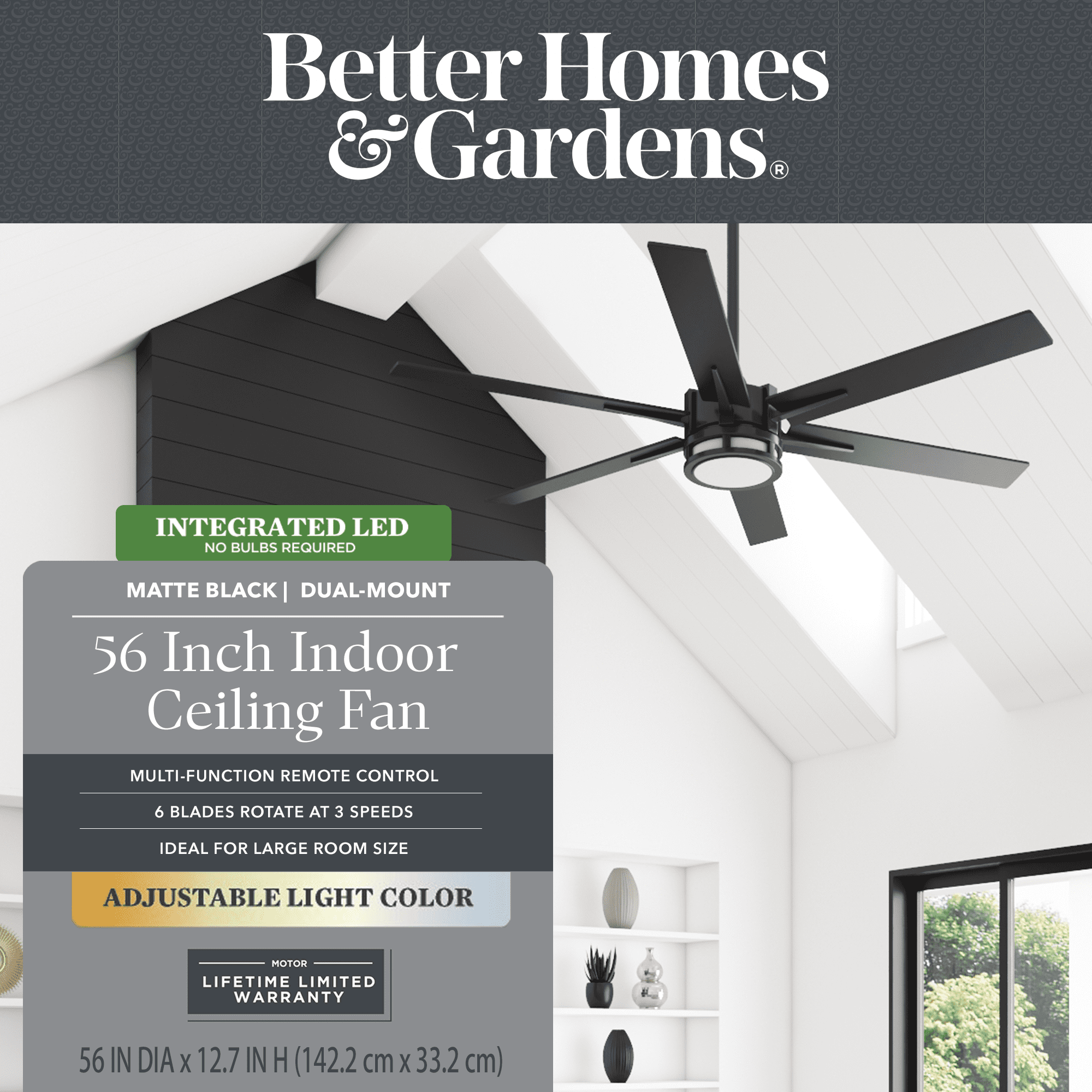 Better Homes & Gardens 56" Black Indoor Ceiling Fan with Color Changing Light, 6 Blades, Remote & Reverse Airflow