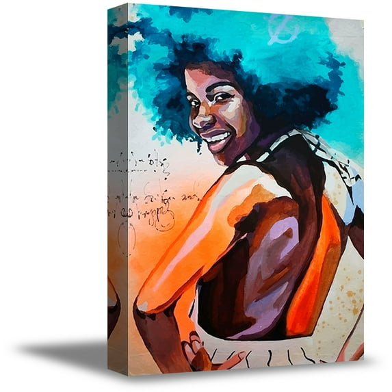 Awkward Styles African Woman with Blue Hair Canvas Wall Art Cute Lady Portrait Ready to Hang Picture for Home African Woman Canvas Wall Decor Blue Style Blue Canvas Art Decals Colorful Artwork