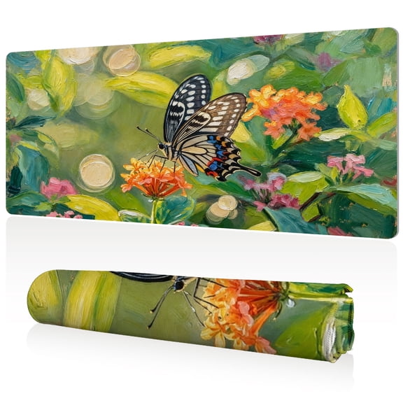 LIVEKEY Mouse Pad Ultra Large 80x40x0.3cm Full Desk Coverage with Butterfly and Flower Art Durable Easy Clean Non Slip Sewn Edges for Gaming and Office