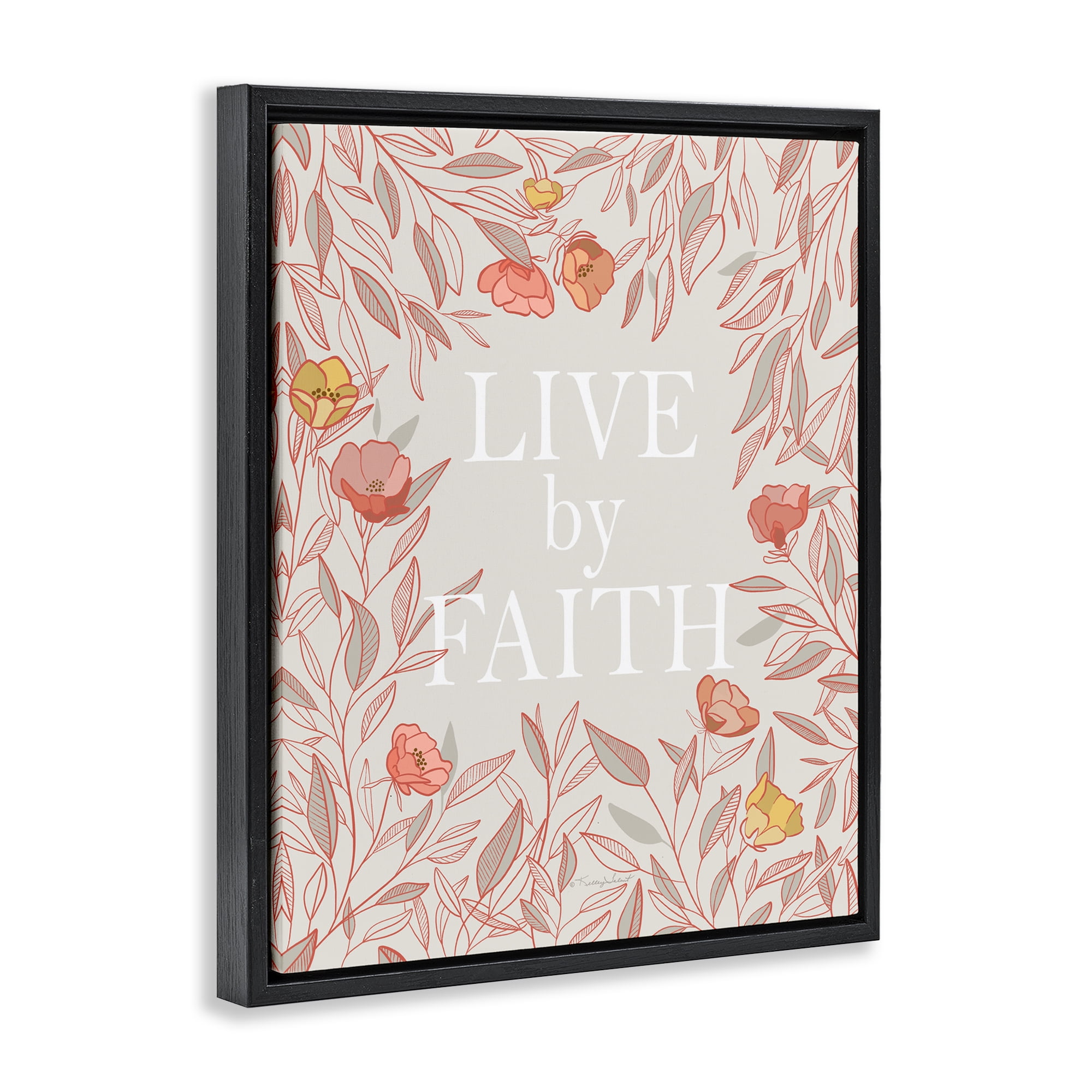 Live By Faith Rosy Florals Black Framed Floater Canvas Wall Art, design by Kelley Talent