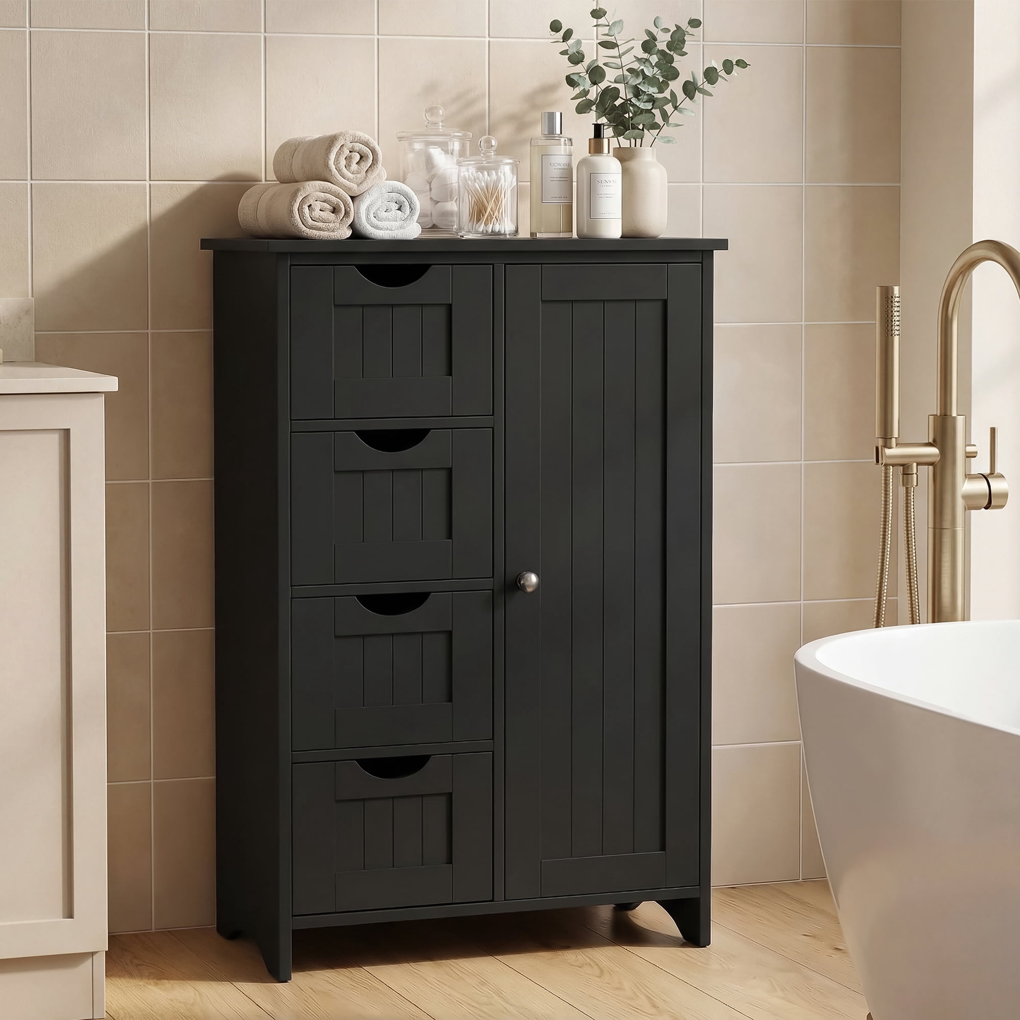 Furmax Wooden Bathroom Floor Cabinet with 4 Drawers, 1 Adjustable Shelf & 1 Cupboard，Side Storage Organizer Storage Cabinet for Bathroom, Entryway, Black