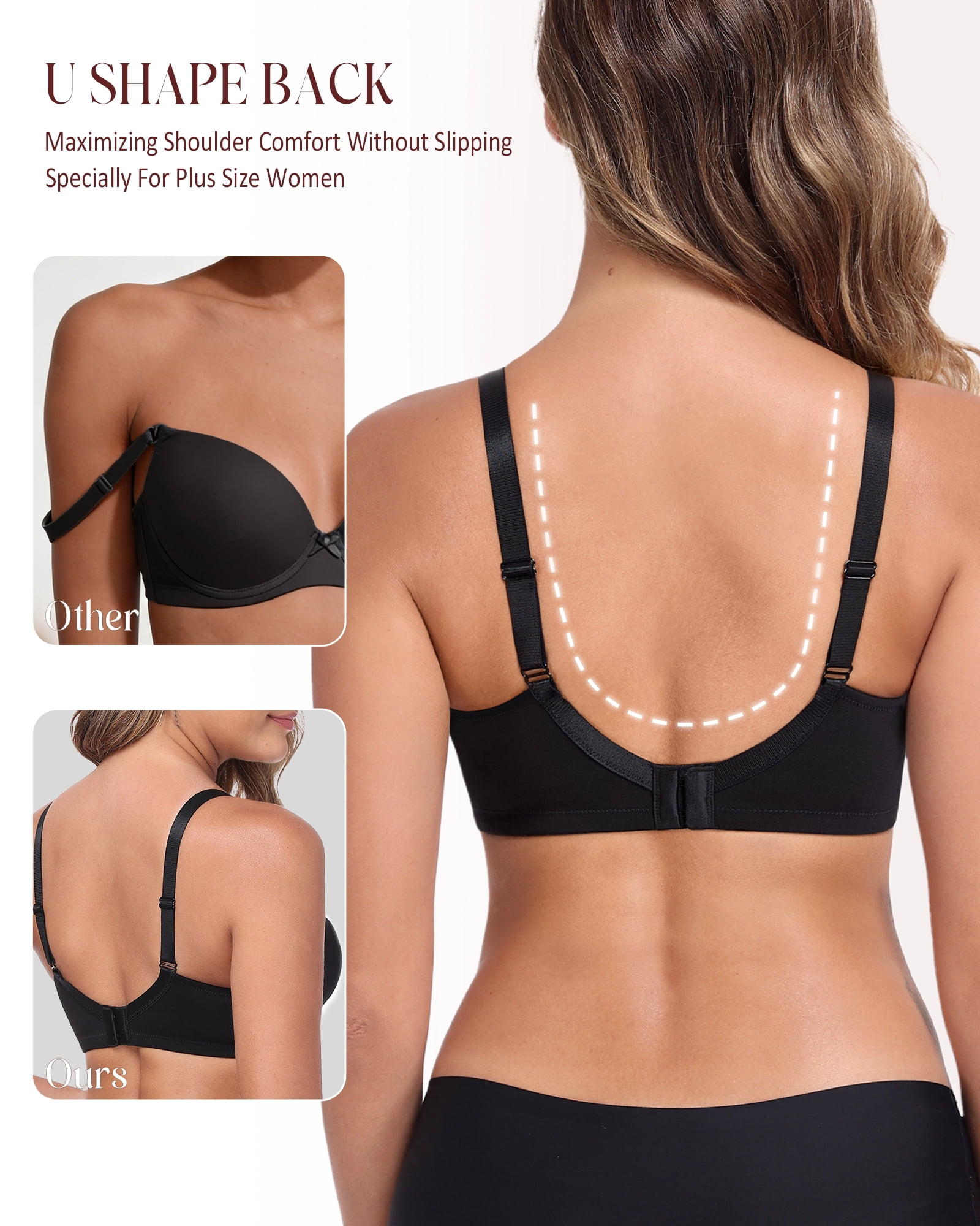 Exerin Women's Full Coverage Bras Wireless V-Neck Comfort Non Padded Cotton Bra(42D,Black)