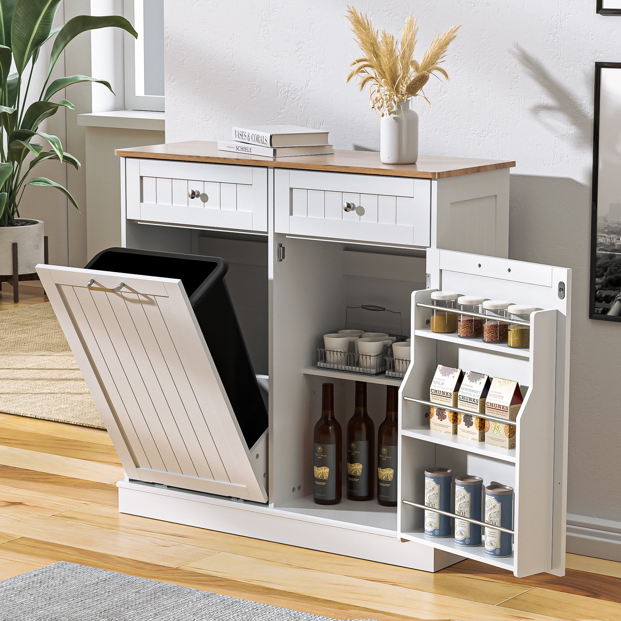HARIPUL Single Tilt Out Trash Cabinet 13 Gallon Waste Bins Hidden Trash Bin w/ Shelf for Kitchen, White