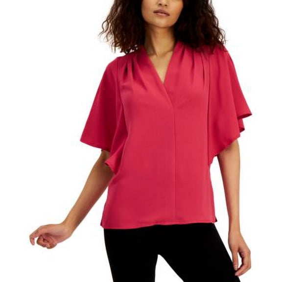 Alfani Womens Mixed Media Flutter Sleeve Top Berry Haze S