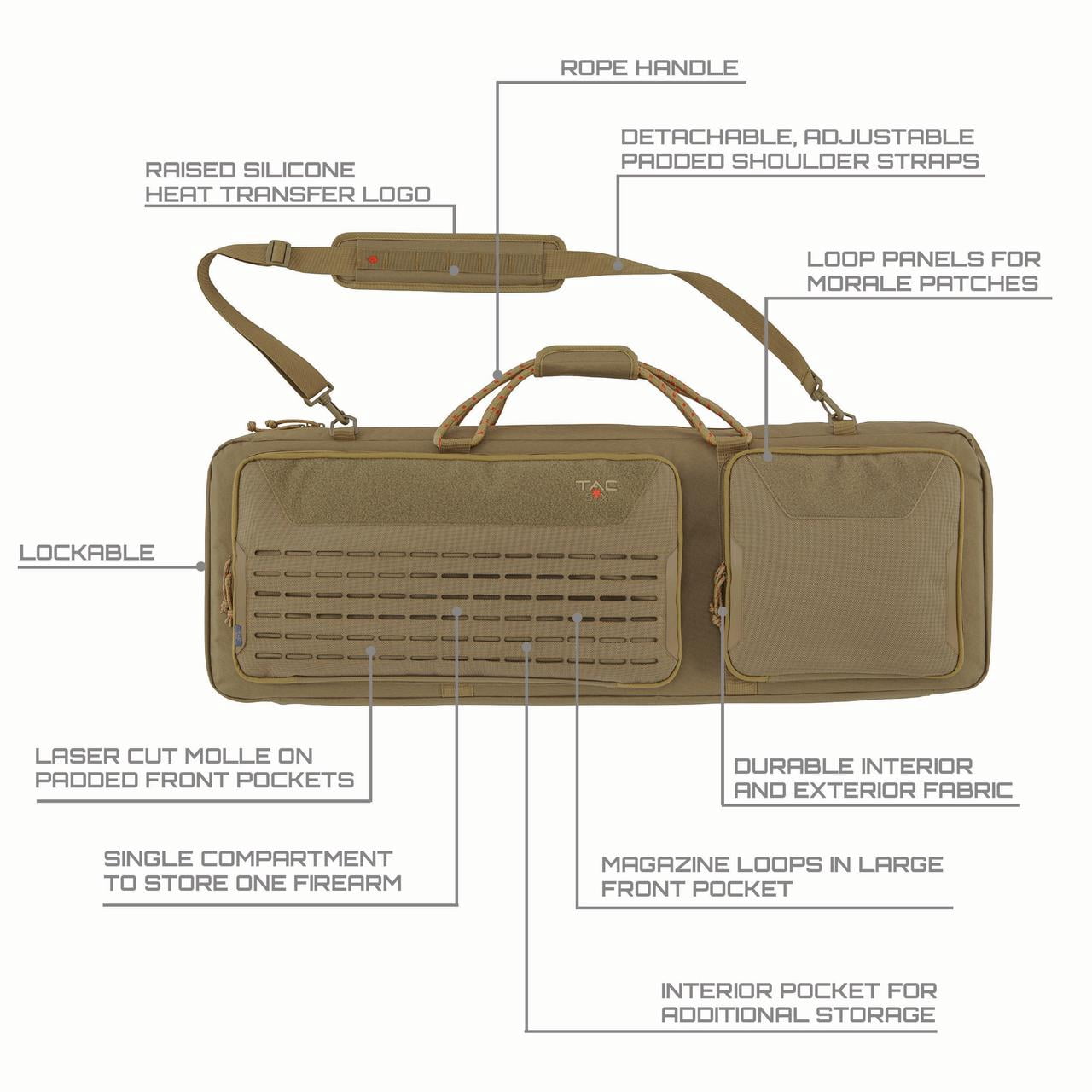 Tac-Six™ 38" Lockable Squad Firearm Case, Laser Cut Molle Front, Coyote