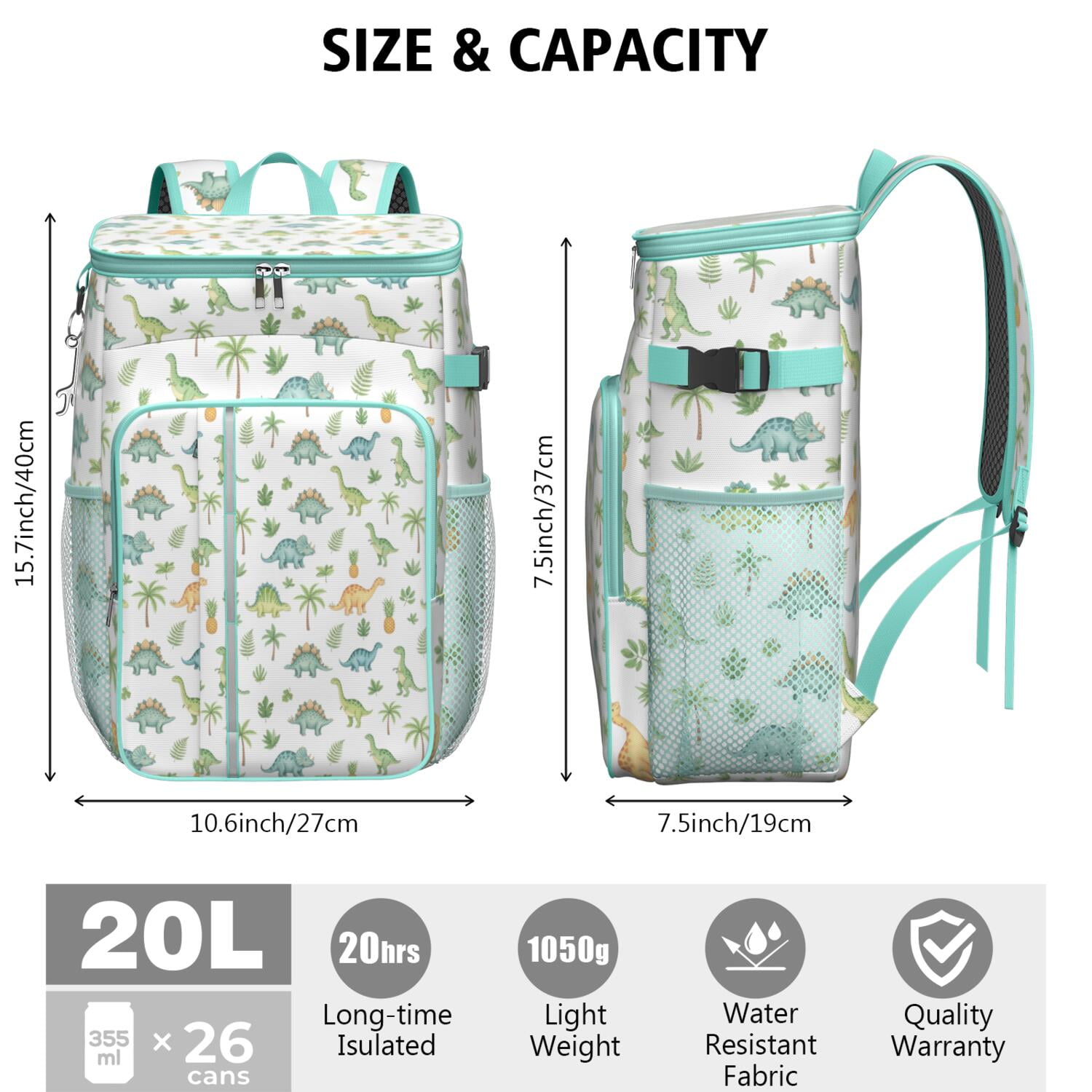 Travel Cooler Bag - White Dinosaurs Palms Pineapples Pattern Camping Beer Cooler Backpack with Bottle Opener- Waterproof Insulated Picnic Backpacks - Cooler Bag for Beach