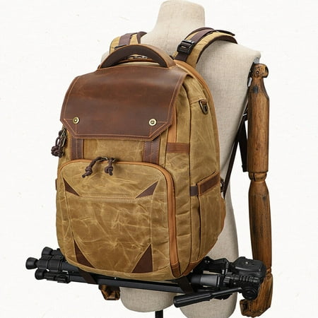 Image of Waterproof Canvas SLR Camera Backpack Shockproof Leather Lens Bag